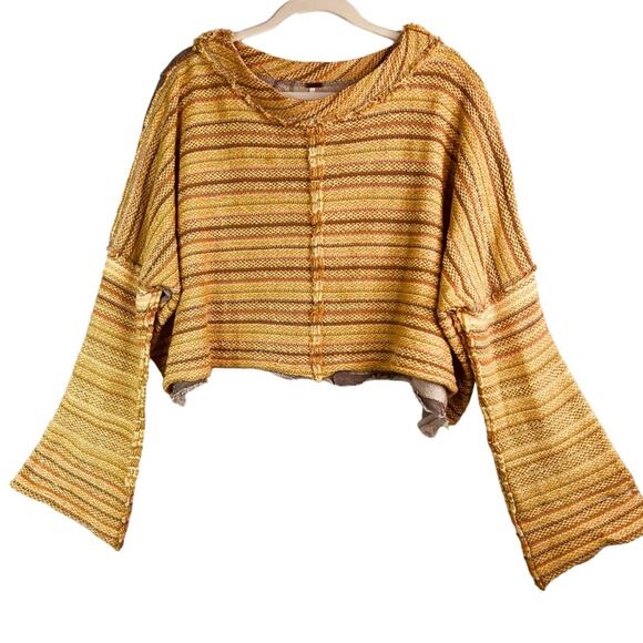 Free People Yellow Gray Catalina Cropped Bell Sleeve Pullover Sweater M - Picture 4 of 12